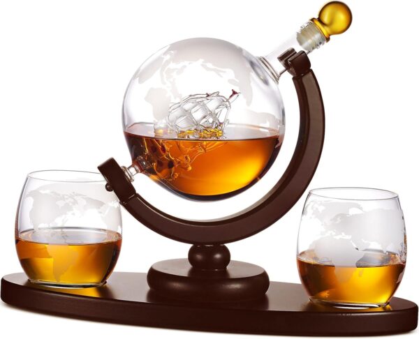 Whiskey Decanter Globe Set with 2 Etched