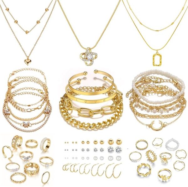 IFKM 36 PCS Gold Plated Jewelry Set with 4 PCS Necklace